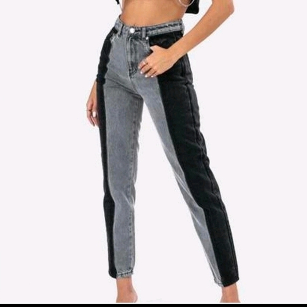 Adika Nori Cotton Black & Gray Color Block High Rise Ankle Length Mom Jeans NWT